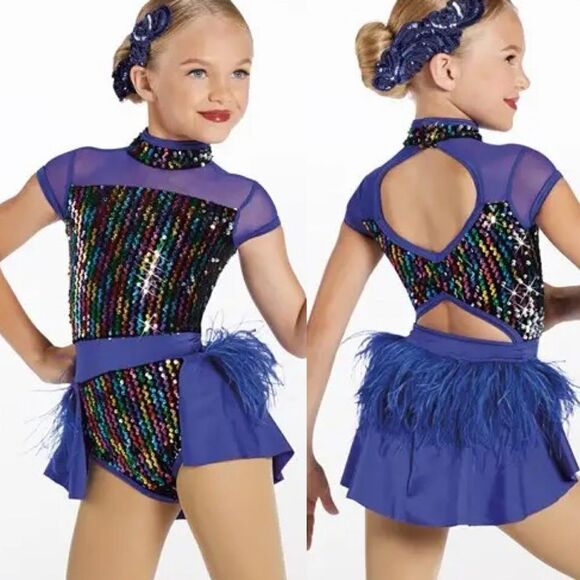 WEISSMAN Dance Costume lyrical jazz sassy feathers BOP TO THE TOP 13478 blue SA - Picture 1 of 12